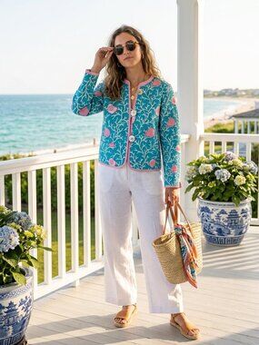 Patty Kim Quilted Cotton Jacket Coastal Coral Shell Print Preppy Resort Style Sm